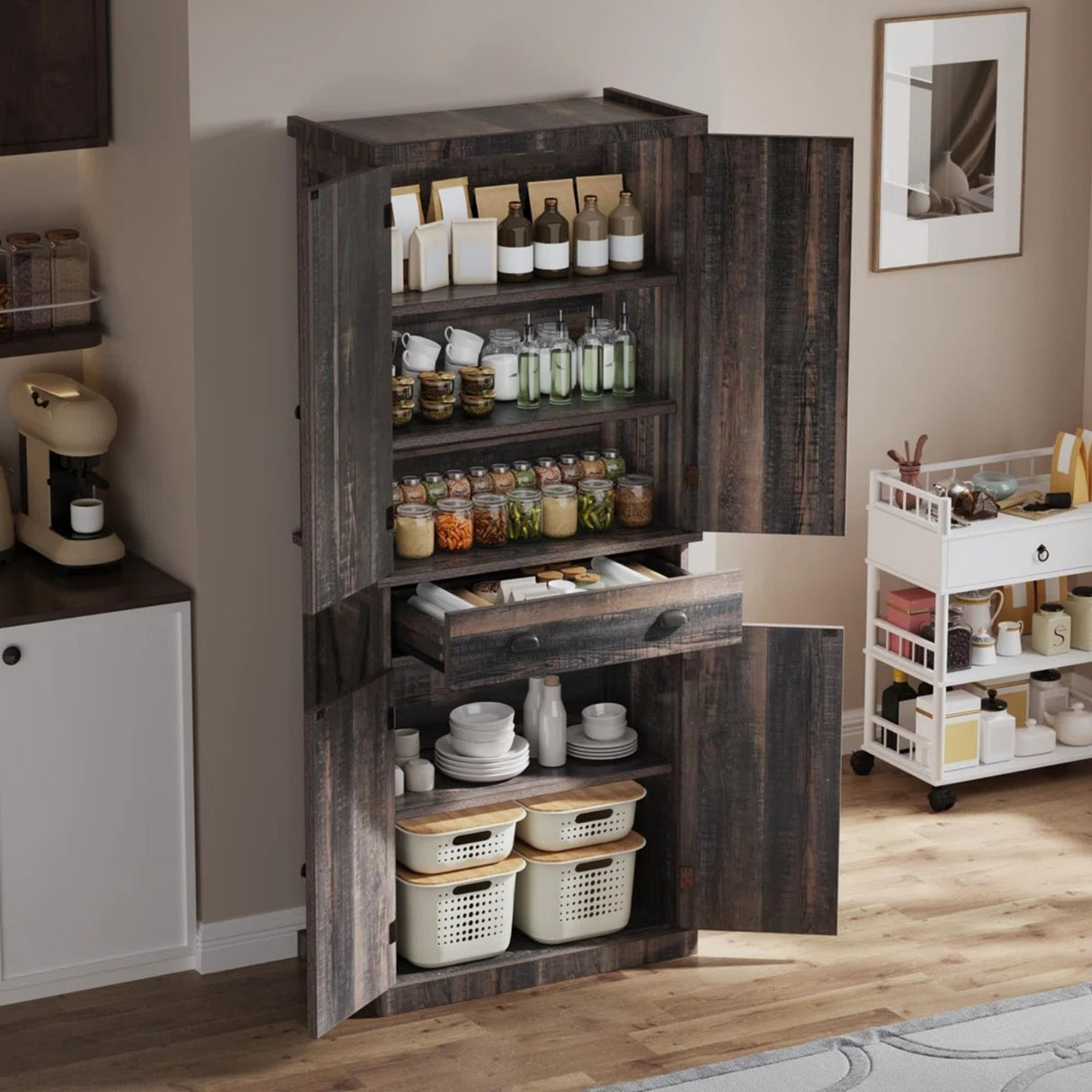 YITAHOME 72'' Tall Kitchen Pantry Cabinets, Farmhouse Storage Cabinets with Barn Doors, Drawer & Adjustable Shelves, Rustic Wood Cupboard for Dining Room, Living Room, Gray Rustic YITAHOME