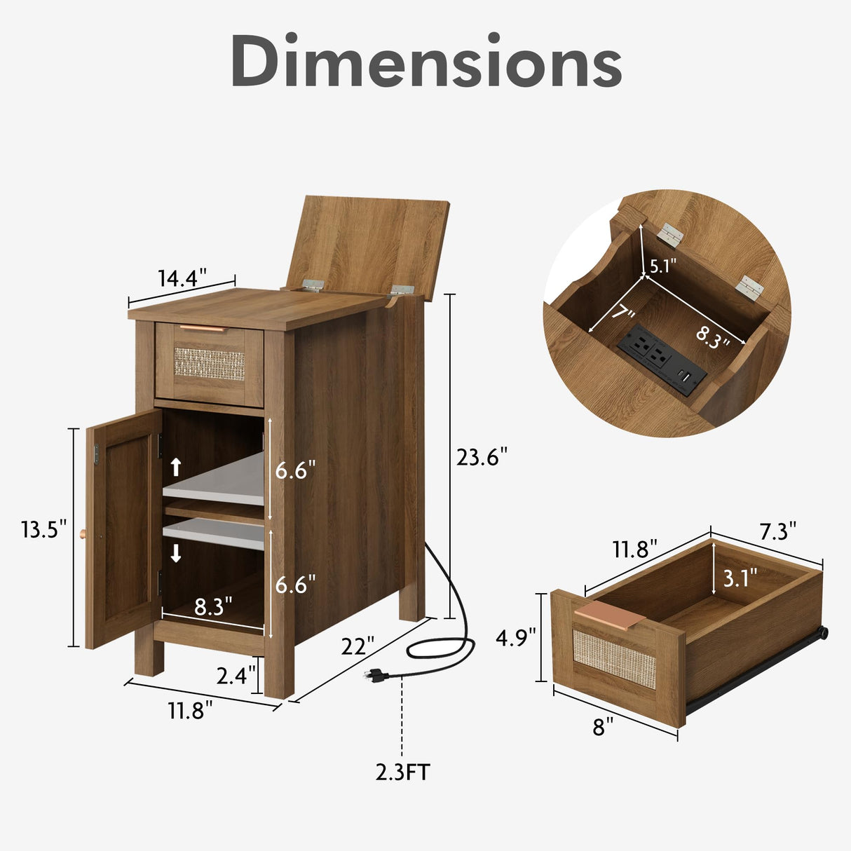 Narrow End Table with Charging Station - Midcentury Rattan Slim Side Table with USB Ports and Power Outlets, Nightstand with Flip Top and Storage Drawer, for Small Spaces Living Room Bedroom, Set of 2 WINWY