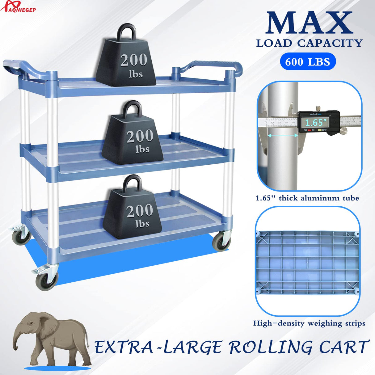 AQNIEGEP Utility Carts with Wheels Rolling Cart Commercial Kitchen Cart Large Food Service Cart Heavy Duty, 600 Lbs Load Capacity, Lockable Wheels, Rubber Hammers AQNIEGEP