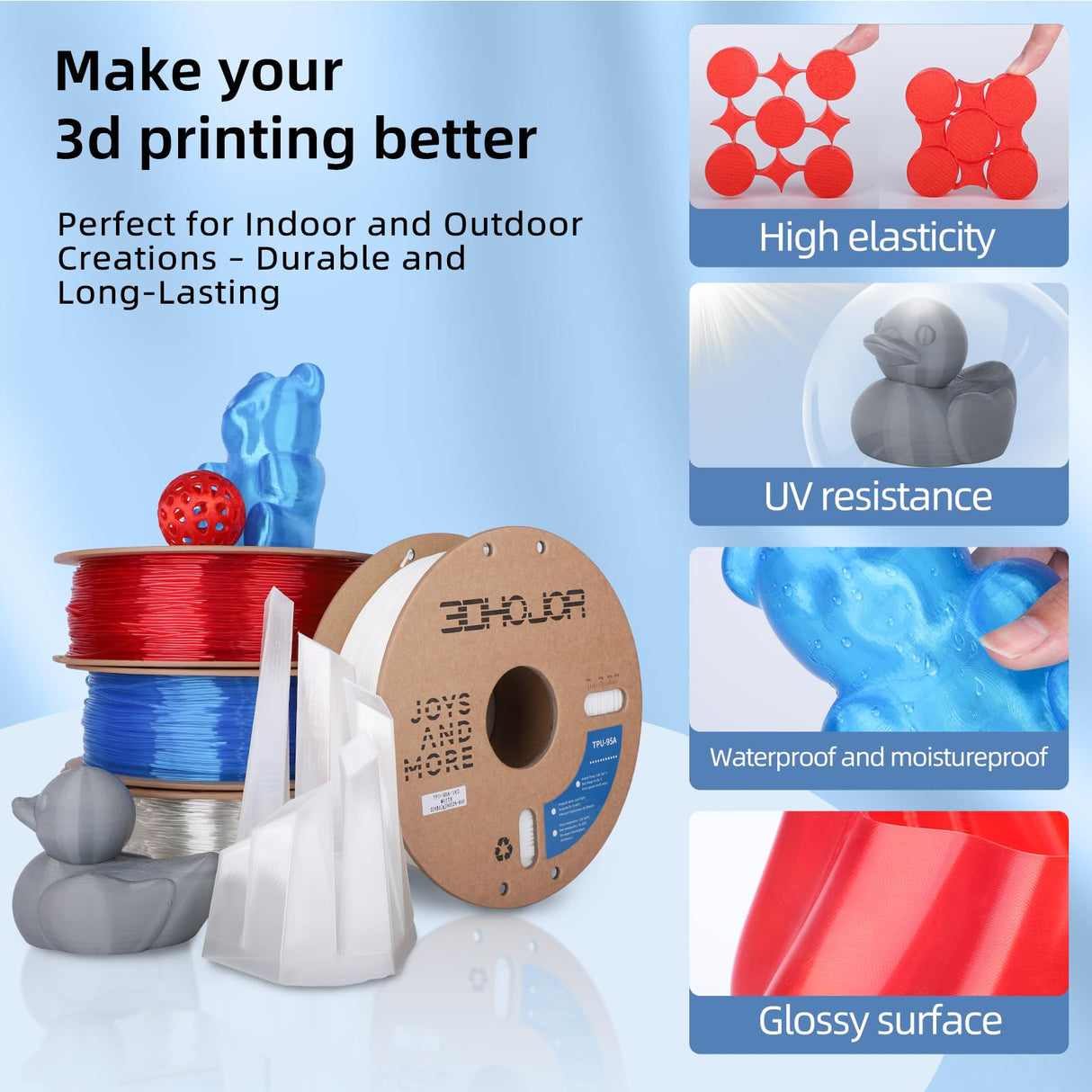 3DHojor TPU Filament 1.75mm TUP95A 3D Printer Filament Flexible Soft 3D Filament 1KG (2.2lbs) fit Most FDM 3D Printers Dimensional Accuracy +/- 0.03 mm-Transparent Blue 3DHoJor