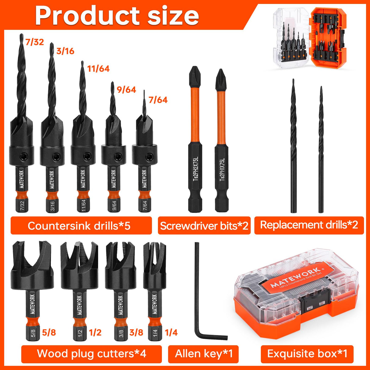 Matework Countersink Drill Bit Set, M2 Cobalt HSS Counter Sink Drill Bit for Wood, Adjustable Depth Drill Bit Set, 15PCS Wood Plug Cutter Drill Bit Set for Woodworking Matework