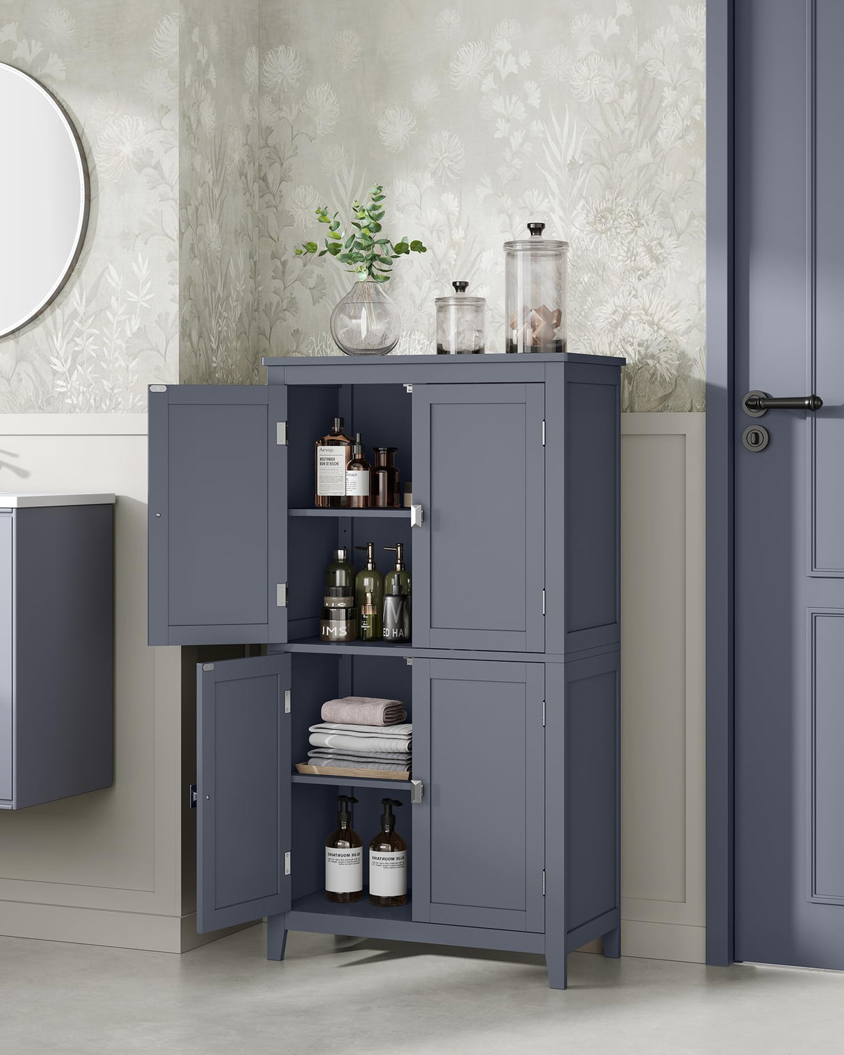 VASAGLE Bathroom Floor Storage Cabinet, Bathroom Storage Unit, Freestanding Cabinet with 4 Doors, Adjustable Shelves, 11.8 x 23.6 x 43.3 Inches, Slate Gray UBBC552G01 VASAGLE