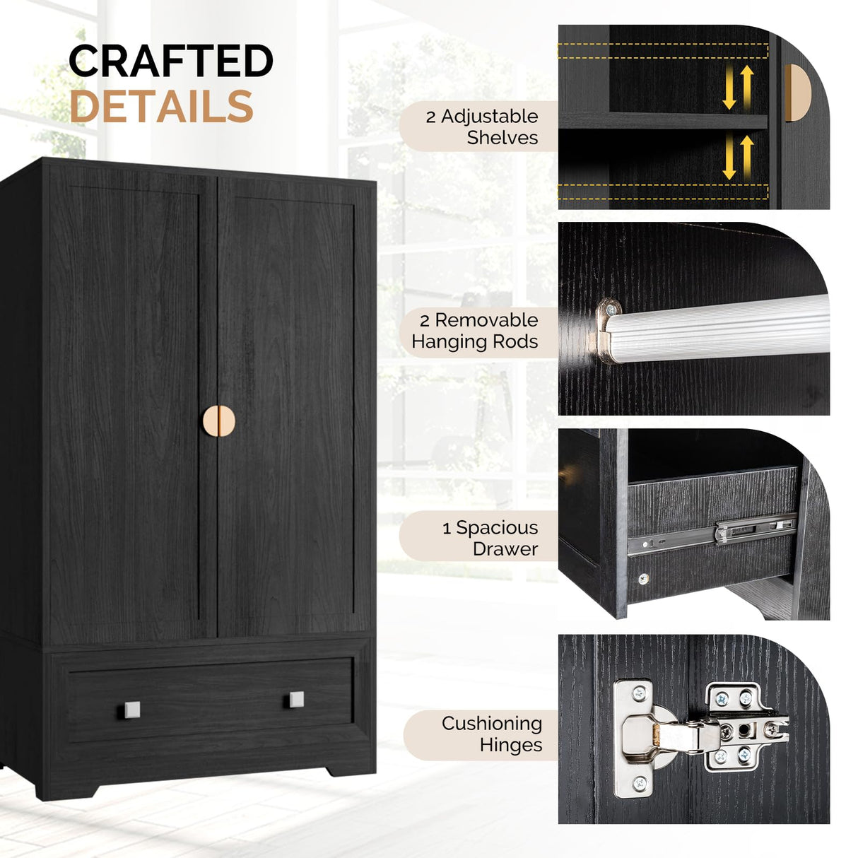 VINGLI Wardrobe Closet, Armoires and Wardrobes with Doors,Hanging Rod, Shelves and Drawer, Freestanding Closet Wardrobe Cabinet, Black Armoire Wardrobe for Bedroom, Dorm VINGLI