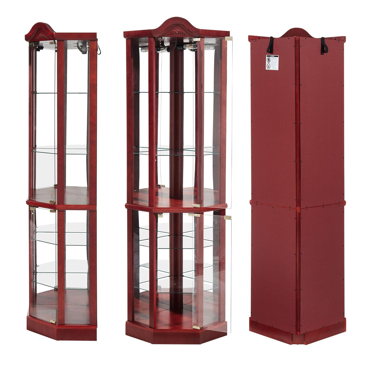 Lighted Corner Display Curio Cabinet Wooden Shelving Unit with Tempered Glass Door, Bar and Liquor Storage Area with 5 Shelves, Wine Cabinet with Curved Top Carving, Cherry CQSXDA