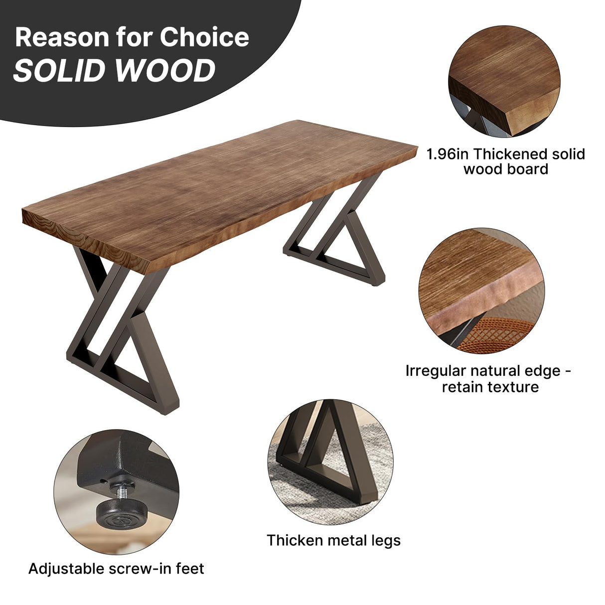 SXXjiaju Solid Wood Computer Desk-55 inch Industrial Natural Wood Office Desk,Heavy Duty Real Wood Study Table,Solid Wooden and Metal Modern Simple SXXjiaju