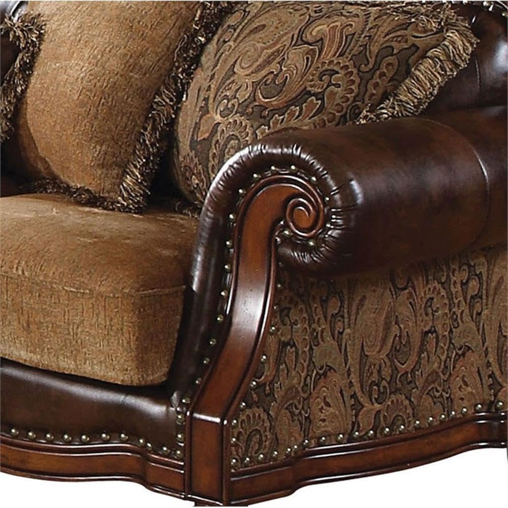 Acme Dreena Rolled Arm Upholstered Faux Leather Sofa with 5 Pillows in Brown Acme