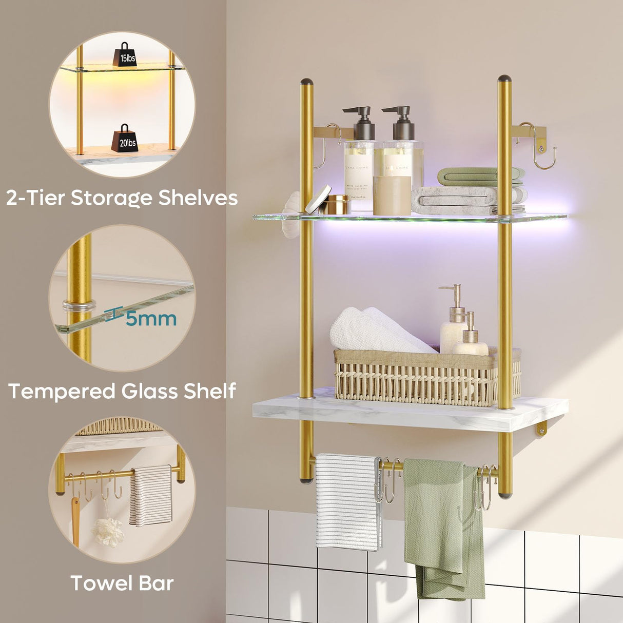 Bestier LED Floating Shelves for Wall, 15" Kitchen Shelves Wall Mounted 2 Tier Shelf with Tower Bar & 6 S-Hooks, Pipe Hanging Shelves Wall Decor for Bathroom Bedroom, White Marble Bestier