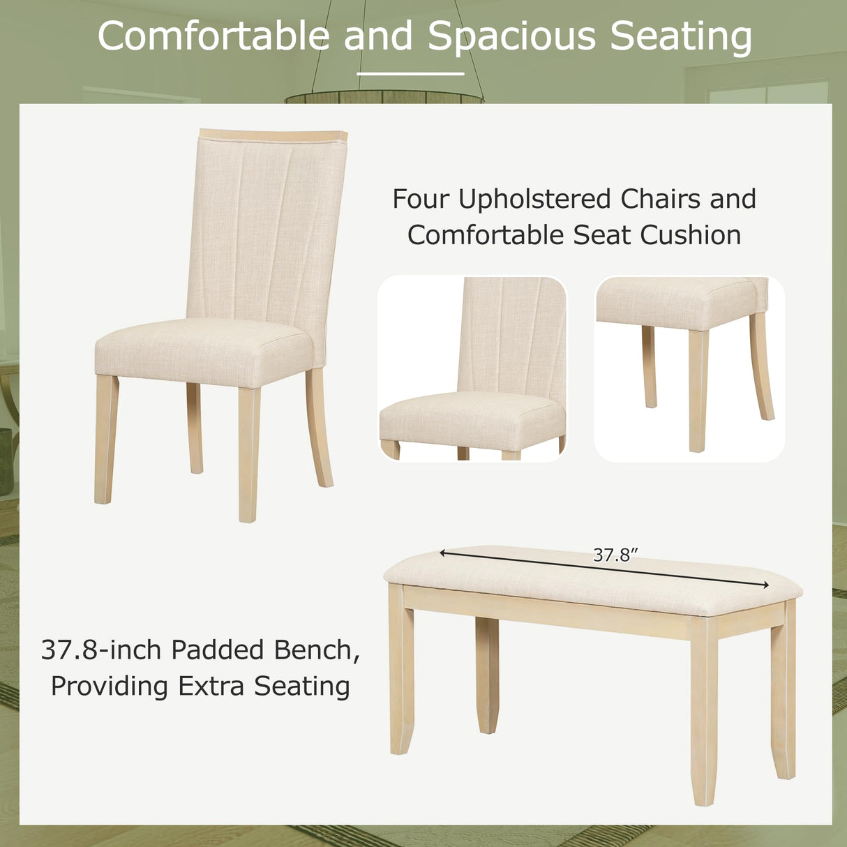 XD Designs 6-Piece Expandable Dining Table Set, Thickened Acacia Wood Dining Table with 18inch Removable Leaf and 4 Upholstered Dining Chairs& Bench for Kitchen Dining Room (Natural-2) XD Designs