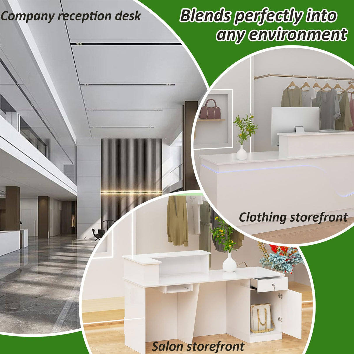 Reception Desk, Front Desk Receptionist Counter With Lockable Drawer & Cabinet & Keyboard Tray & Cable Grommet, With LED light, Retail Checkout For Office, Soho, Shop, Salon (All White - R, 63in) Nykto