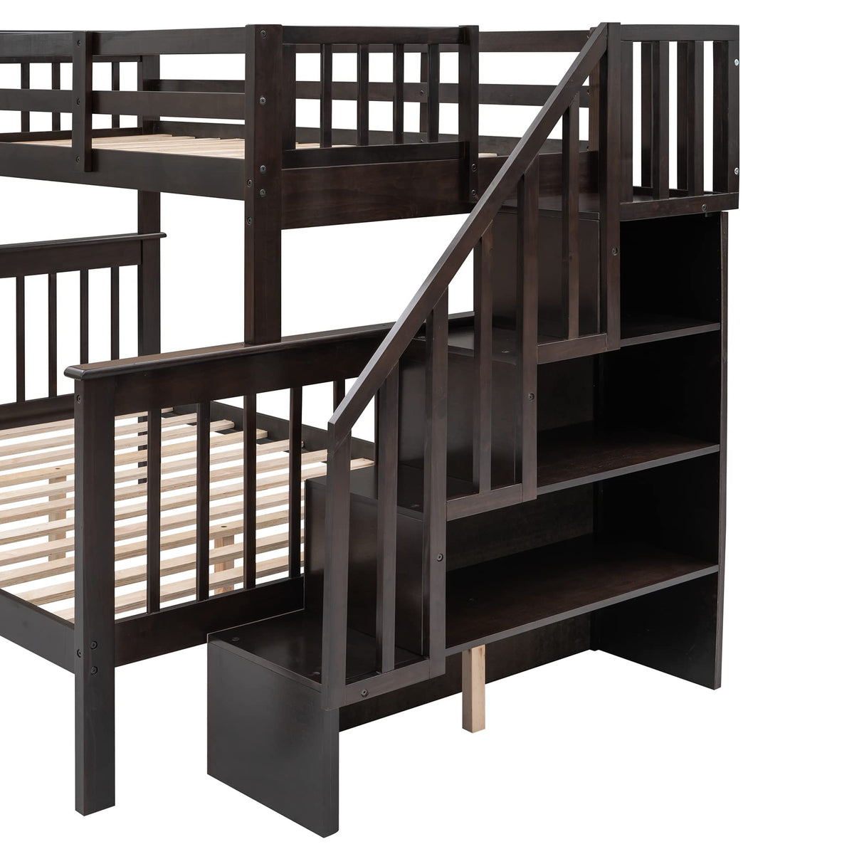 Solid Wood Twin Over Full Bunk Bed with Stairs and Storage Shelves in Espresso by Harper & Bright Designs Harper & Bright Designs