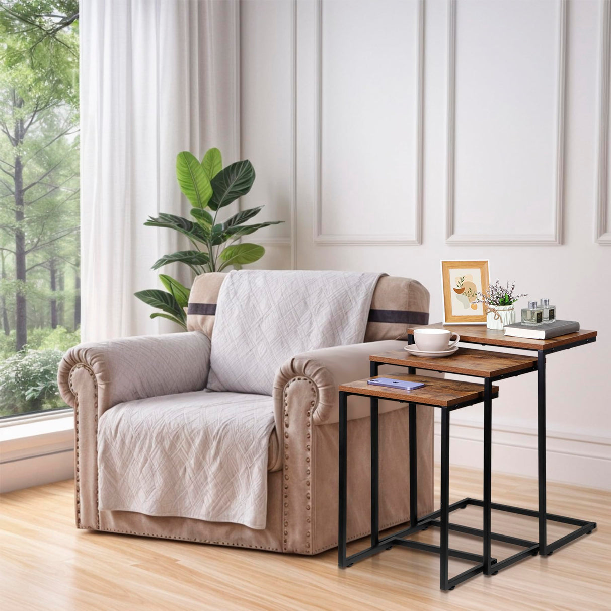 Nouva Modern Nesting Coffee Table, Set of 3 Square Stacking Accent Table End Table C-Shape with Metal Frame for Living Room Bedroom, Rustic Brown Nouva