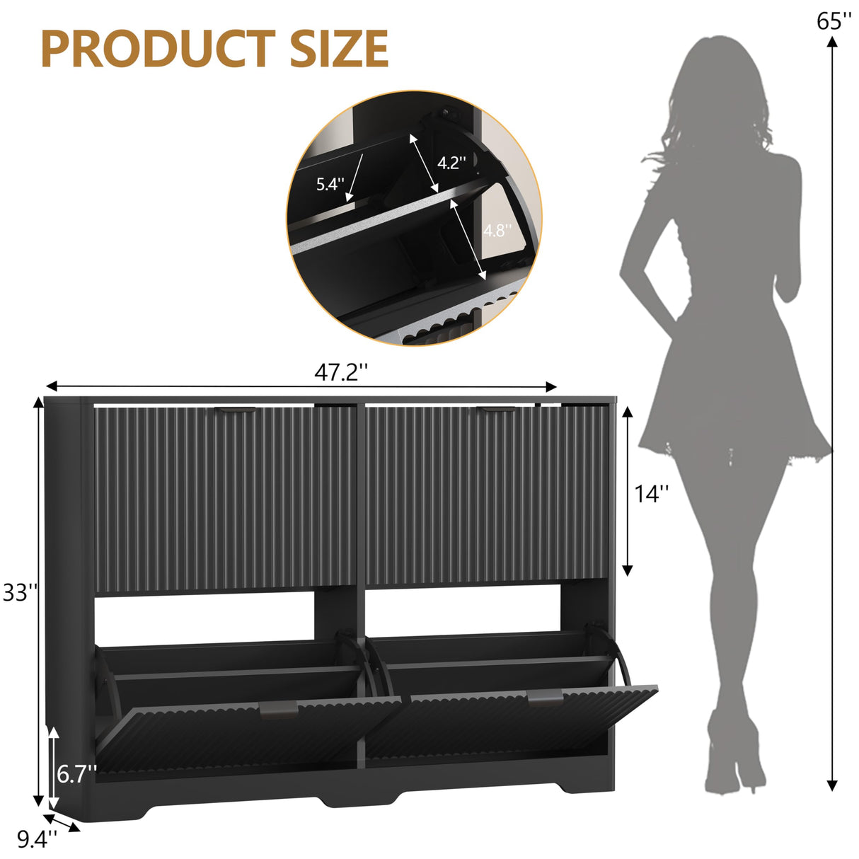 Shoe Cabinet Storage for Entryway with 4 Flip Drawers, Black Fluted Shoe Cabinet with Adjustable Shelves, Wooden Hidden Shoe Rack Freestanding Narrow Slim Shoes Storage for Hallway, Entrance HUANLEGO