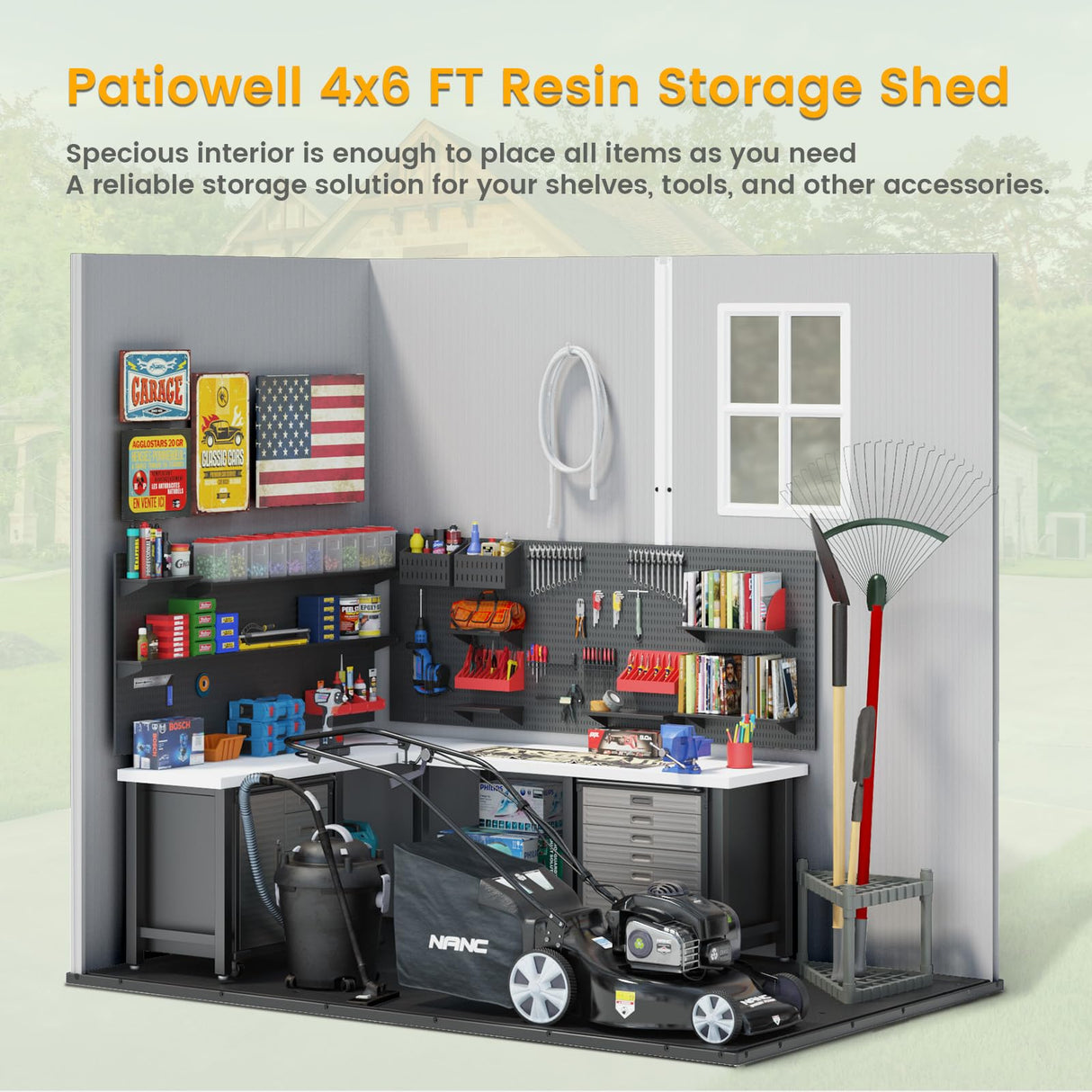 Patiowell 4' x 6' Outdoor Storage Shed with Floor, Plastic Shed Outside Resin Tool Shed with Window and Lockable Door for Backyard Garden Patio Lawn, White (Fit-it Shed) Patiowell