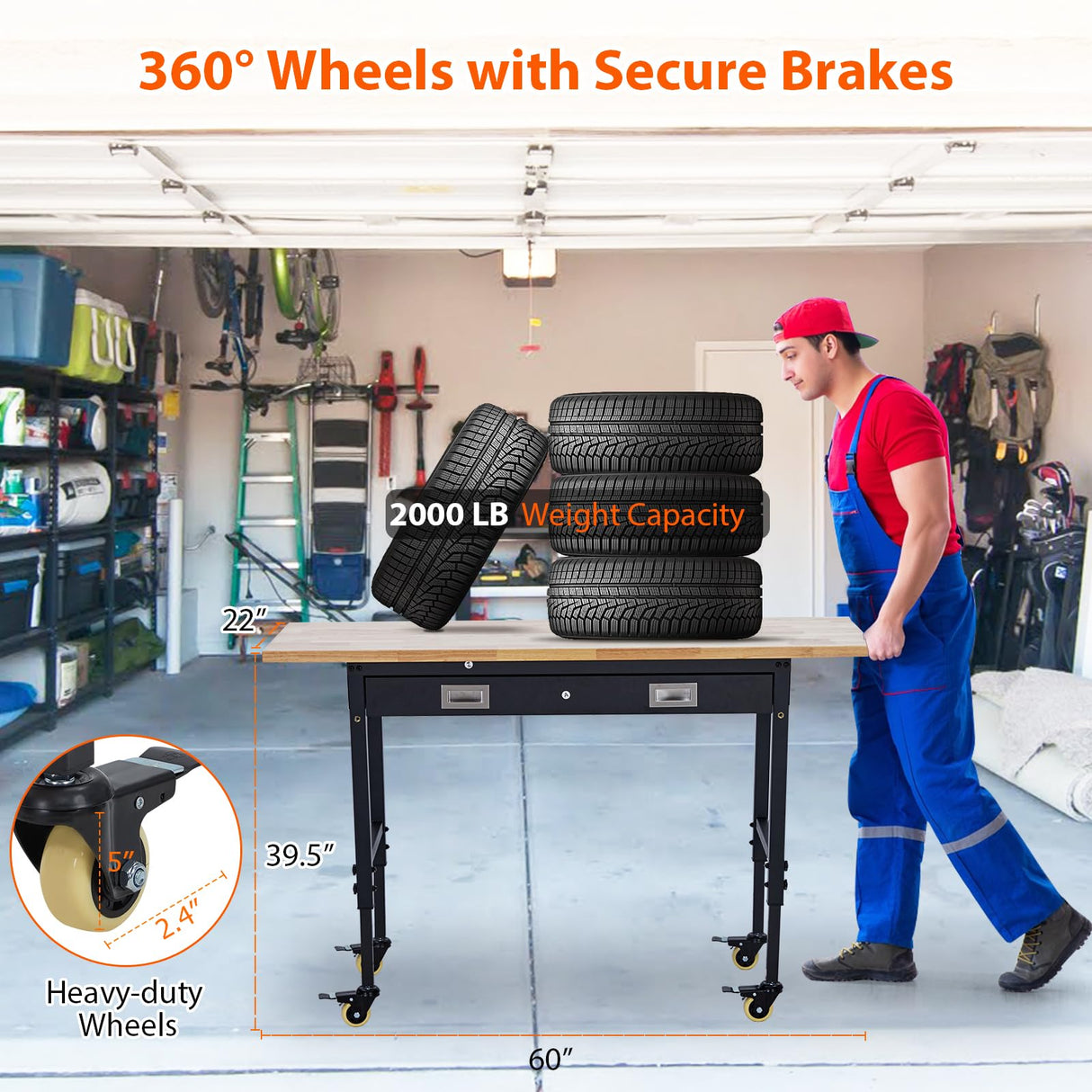 TrailBlaze 60"x22'' Workbench with Drawer Storage, Power Outlet & 4 Lockable Wheels, Heavy Duty Rubber Wood Top Workbench, Adjustable Height Work Table for Home/Garage/Workshop - 2000lbs Load Capacity TrailBlaze