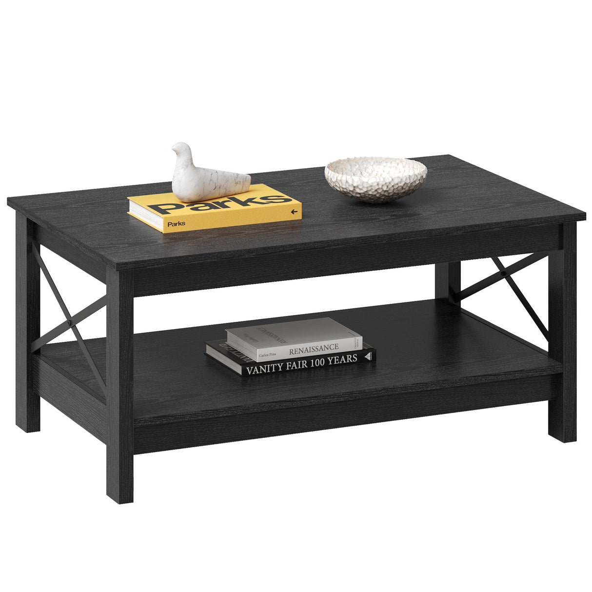 YITAHOME Coffee Table for Living Room,Modern Farmhouse Coffee Table with Storage,2-Tier Center Table for Living Room Wood Living Room Table Accent Cocktail with Sturdy Frame,Black YITAHOME