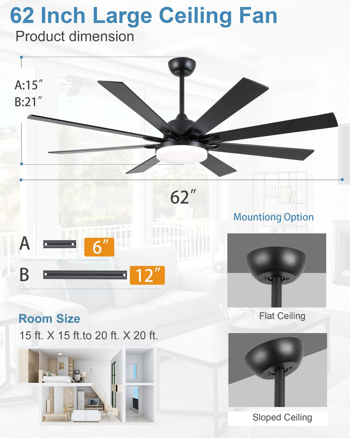 POCHFAN 62 inch Ceiling Fans with Lights and Remote Control, Large Black Ceiling fan with 8 Wooden Blades for Living Room Bedroom Patio, Quiet DC Motor, 3-CCT Dimmable,6 Speed POCHFAN