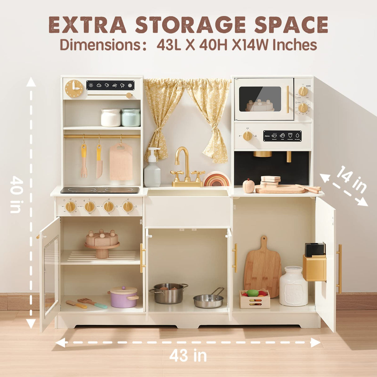 Tiny Land Play Kitchen for Kids, Toy Kitchen Set with Plenty of Play Features, New Modern Kids Wooden Play Kitchen Designed in Trendy Home Style with Curtains, Gift for Ages 3+ Tiny Land