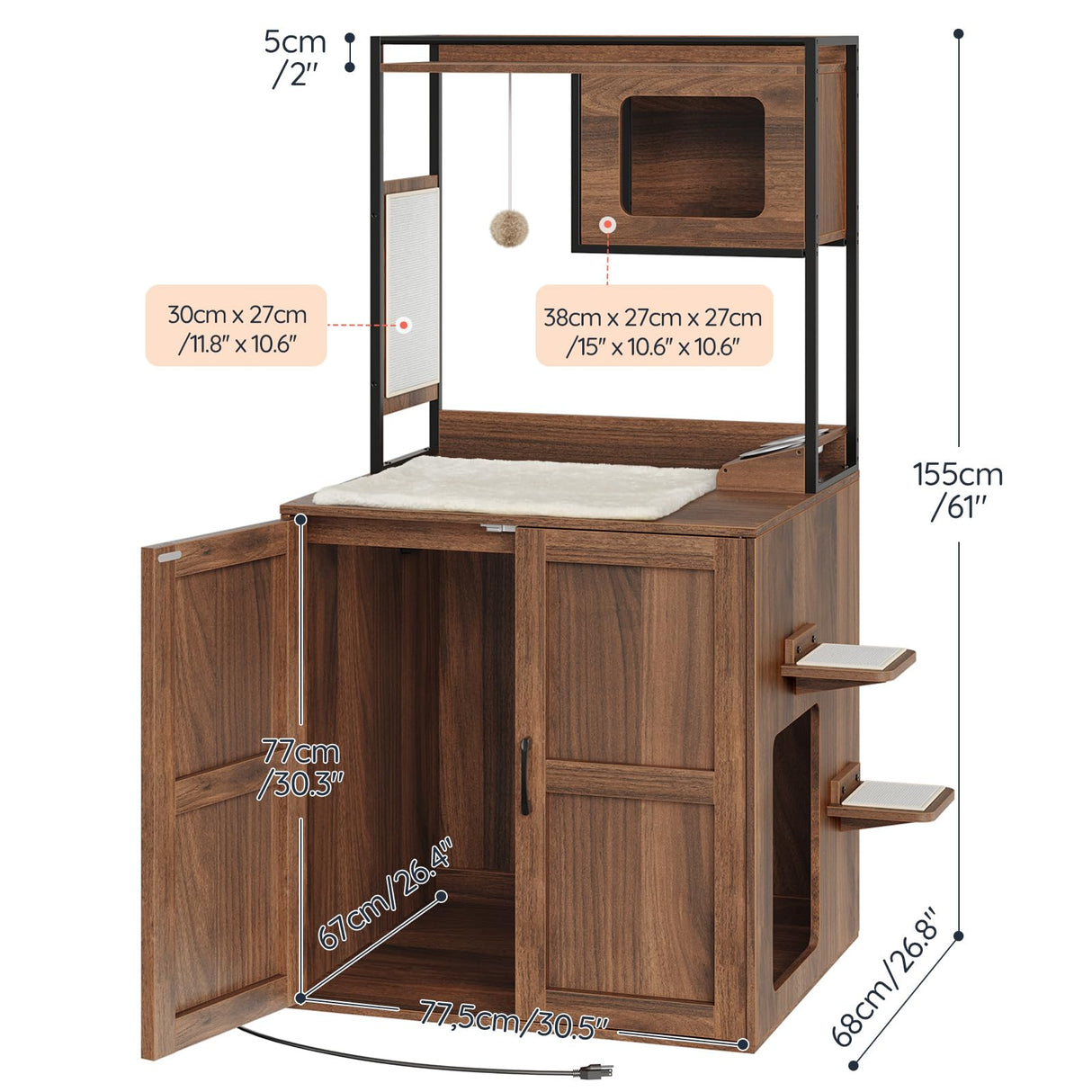 HOOBRO Cat Automatic Litter Box Enclosure Furniture, 30.5" L x 26.8" W x 61" H, Hidden Robotic Litter Box Cabinet, Dog-Proof Shelf with Charging Station, Scratching Mat, Bowls, Walnut WL68UMZ03N1 HOOBRO