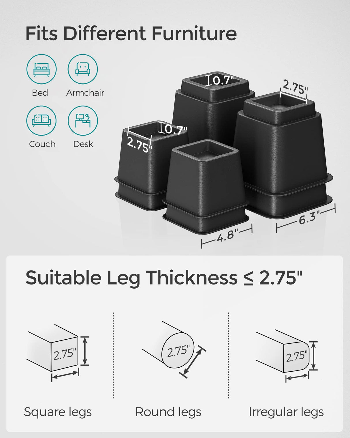 SONGMICS Bed Risers, 4-Pack Furniture Risers, Heavy Duty Bed Lifts in Heights of 3, 5 or 8 Inches, Lifts up to 1300 lb, Stackable Risers for Sofa, Table Legs Extenders, Black UCDG001B01 SONGMICS