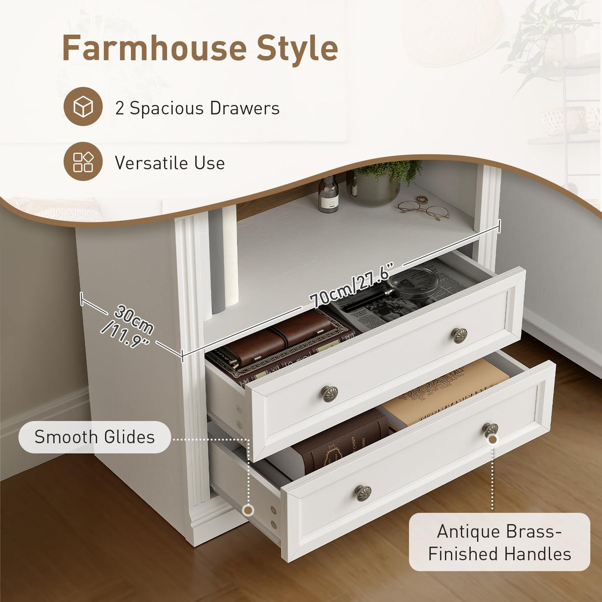 RALGEND Farmhouse Arched Bookshelf, 7 Tiers Arch Bookcase with 2 Spacious Drawers, Modern Book Shelf with Open Display Shelves and Storage Cabinet, for Office, Living Room, Kitchen, Walnut and White RALGEND