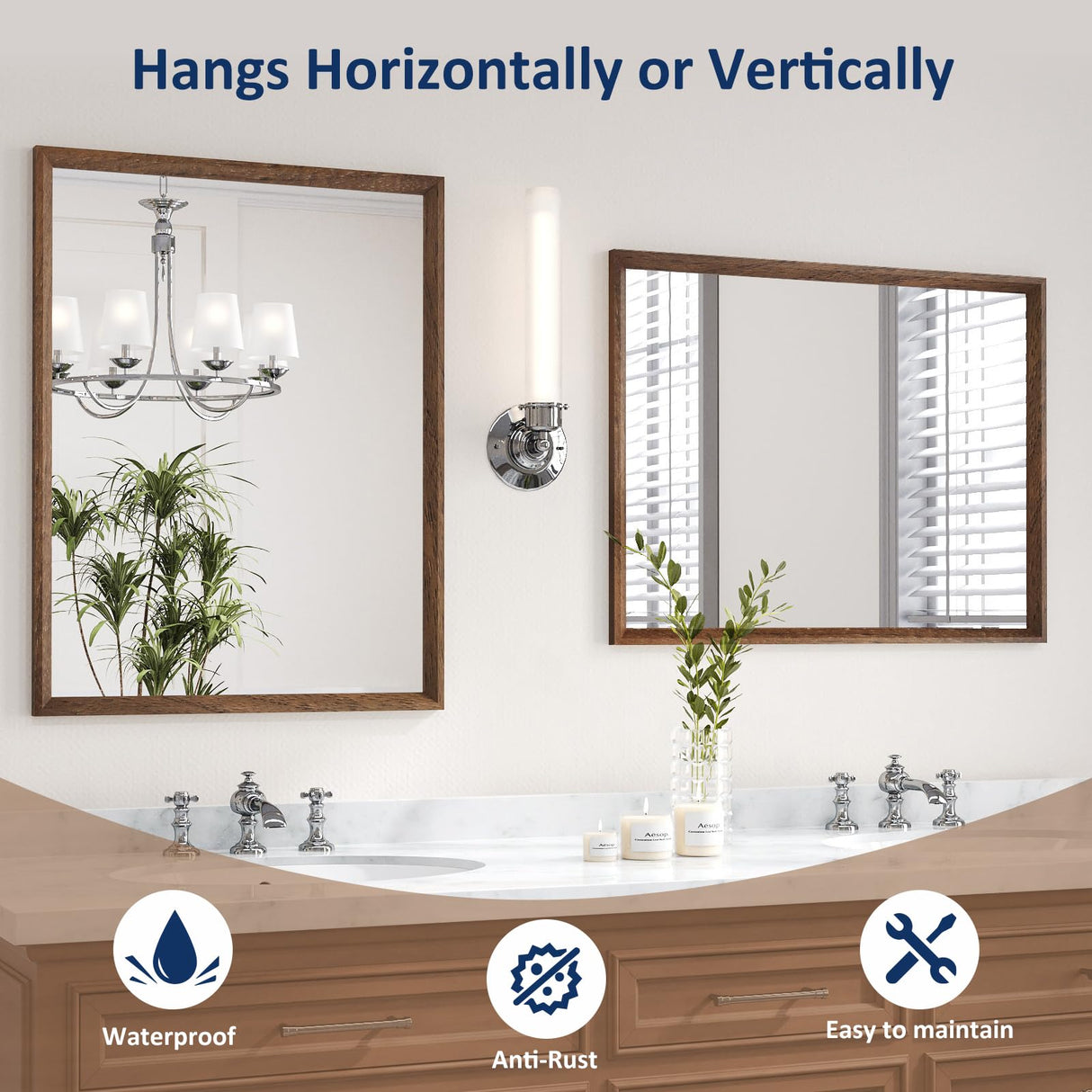 WEER Walnut Bathroom Mirror 24x36 Inch, Walnut Wood Grain Framed Mirror, Rectangle Wall Mounted Bathroom Vanity Mirror with Tempered Glass, Hangs Vertically or Horizontally, Anti-Rust WEER