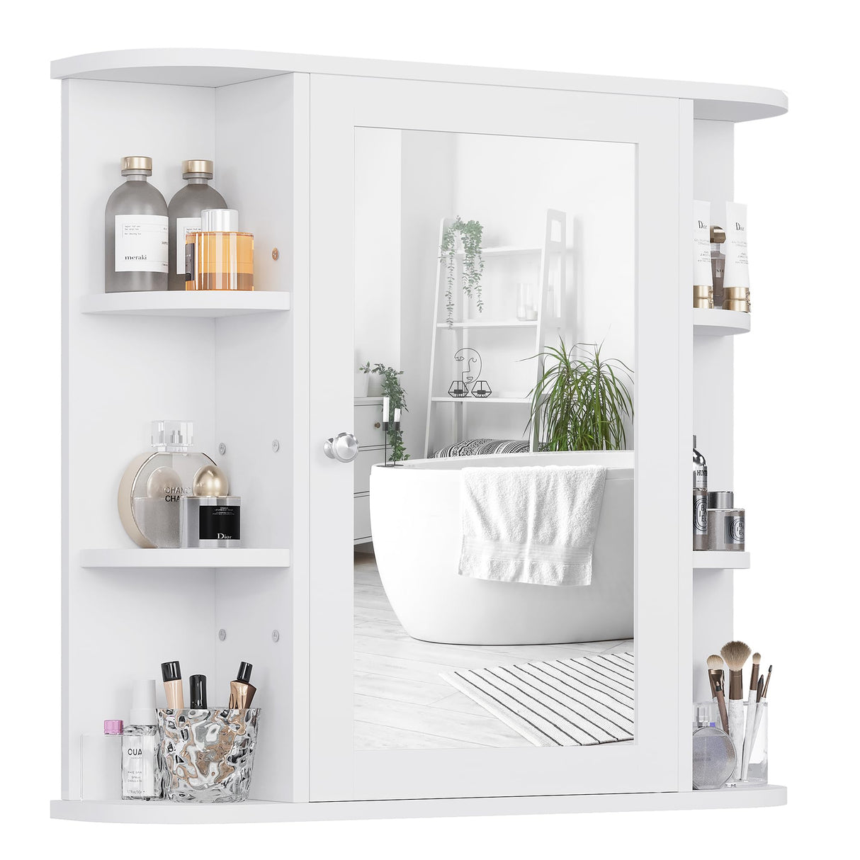 Shintenchi Bathroom Wall Cabinet with Mirror, Mounted Medicine Cabinets with 4 Internal and 6 Open Shelves, Mirrored Door Over The Toilet Storage, Solid White Shintenchi