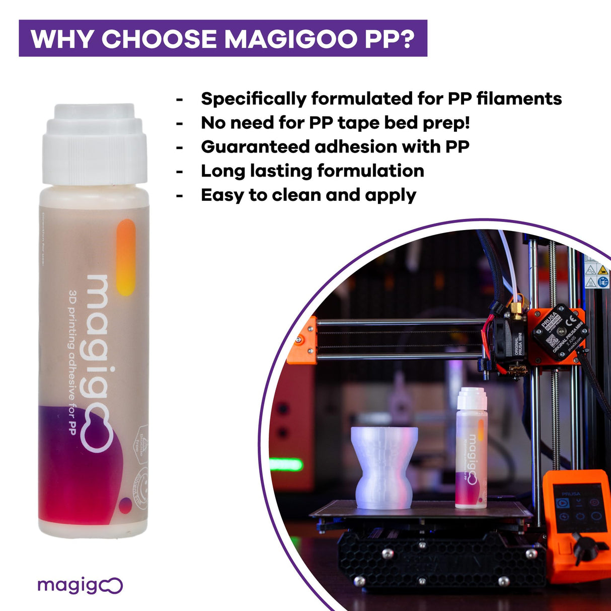 Magigoo MPP2018 3D Printer Adhesive Glue, Reduces Warping for Polypropylene Filament on Flex Plate, Glass, PEI, Buildtak, Kapton 50ml 1.69 fl. oz., White Magigoo