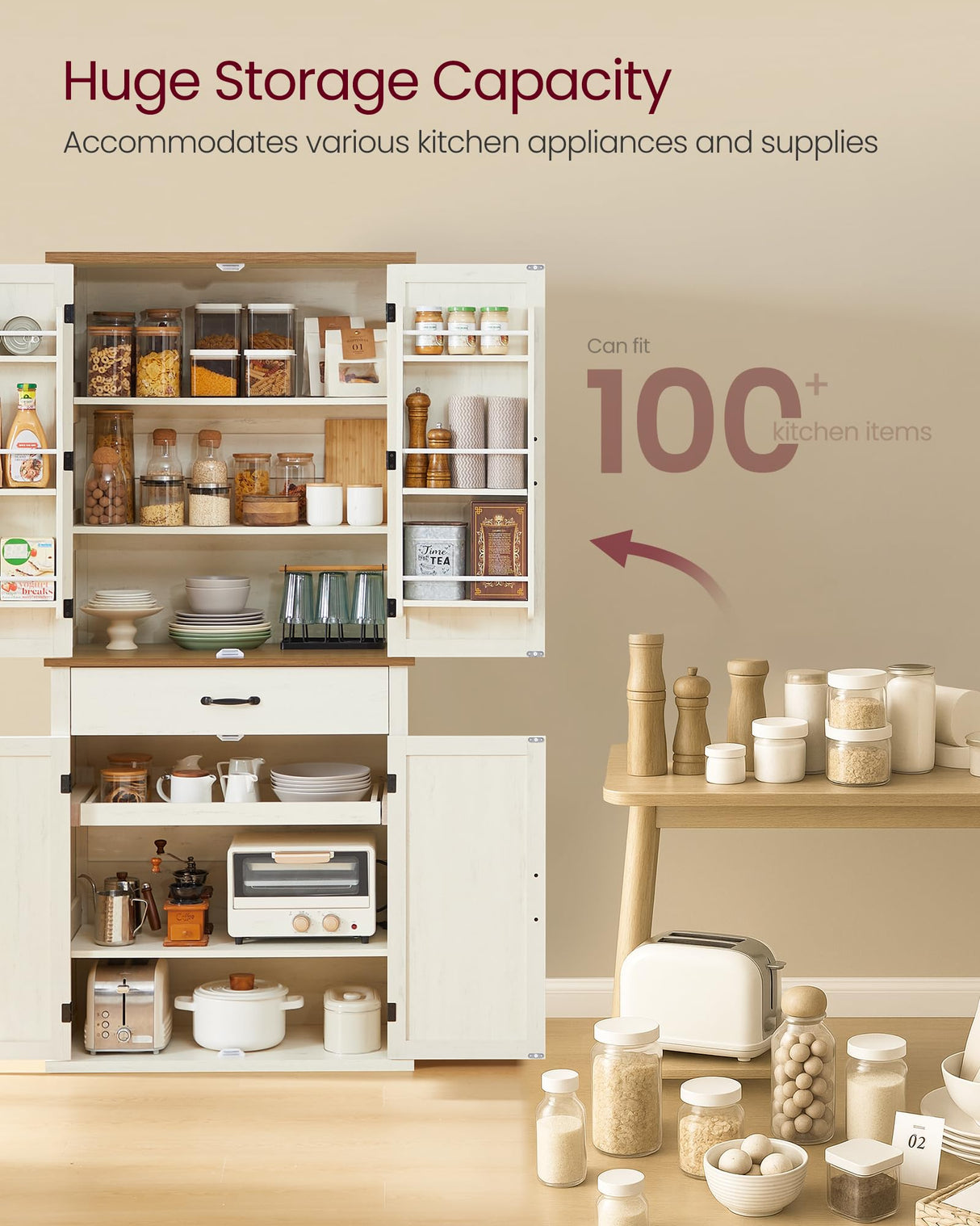 VASAGLE LIRY Collection - Pantry Cabinet, 70.3-Inch Tall Farmhouse Kitchen Storage Cabinet with Barn Doors, Drawer, Tray, Adjustable Shelves, for Kitchen, Dining Room, Rustic White UBBK364W01 VASAGLE