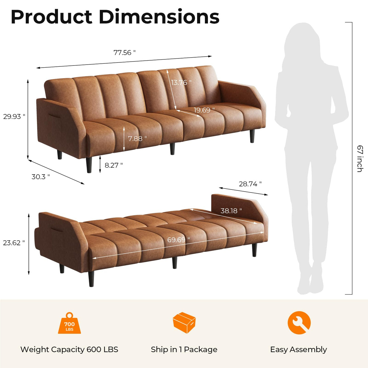 Fadware 78” Faux Leather Couch, Convertible Futon Sofa Bed with Adjustable Backrest, Mid Century Leather Sofa Loveseat with Side Pockets& Metal Leg, Modern Leather Sleeper Sofa for Living Room Bedroom Fadware