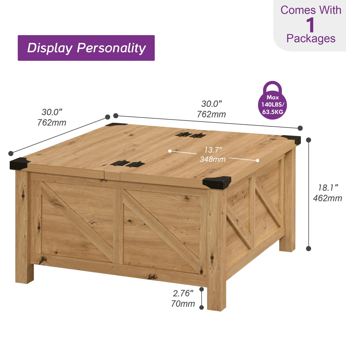 WAMPAT Square Farmhouse Coffee Table with Storage for Living Room, 30x30 inch Wooden Dining Center Table with Gas Spring Flip-Top for Large Hidden Storage, Metal Wrapped Table Corners,Oak WAMPAT