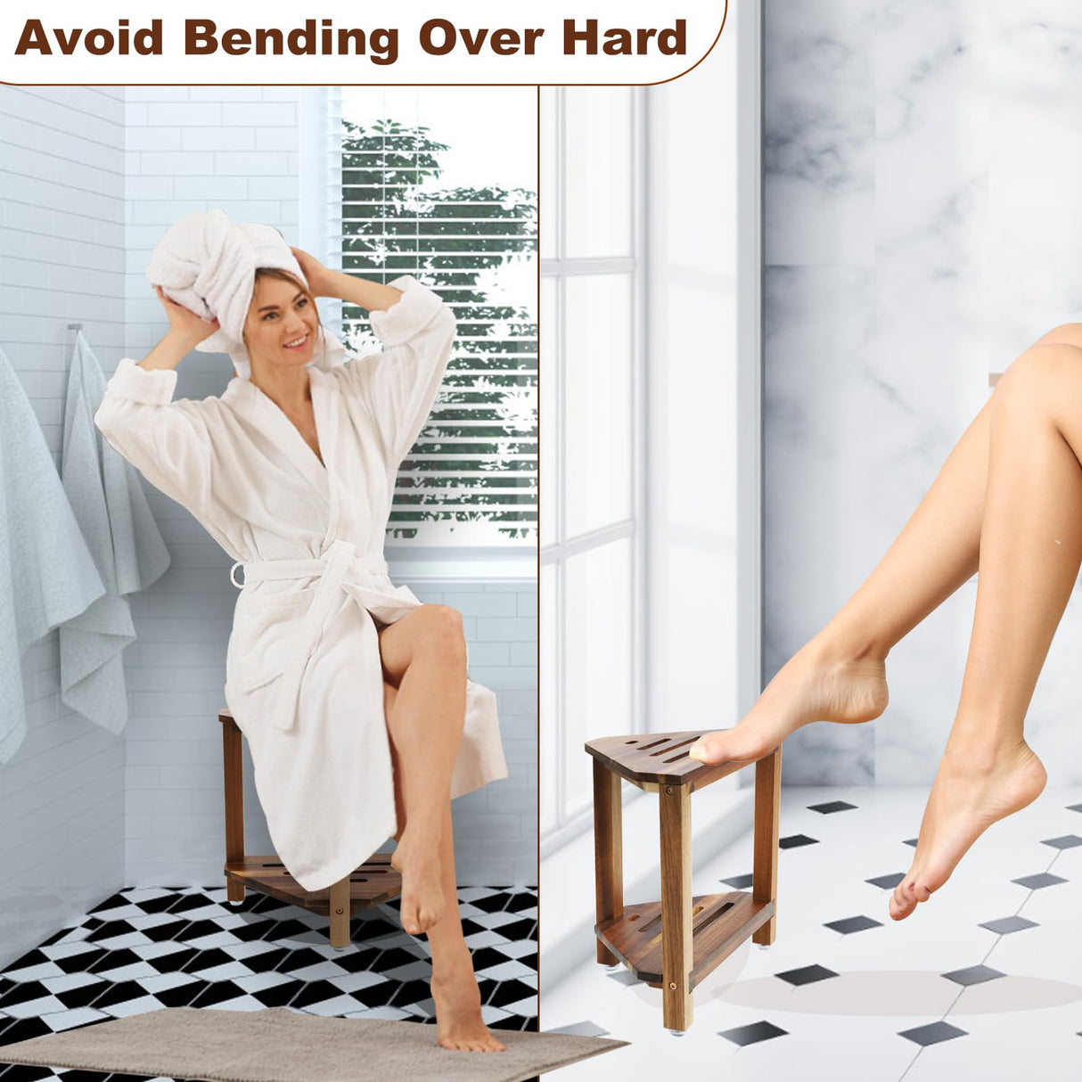 IBosins Corner Shower Stool Shower Foot Rest for Shaving Legs Small Shower Bench for Inside Shower to Sit on Bath Stool with Storage Shelf Shower Accesories (Acacia Wood) IBosins