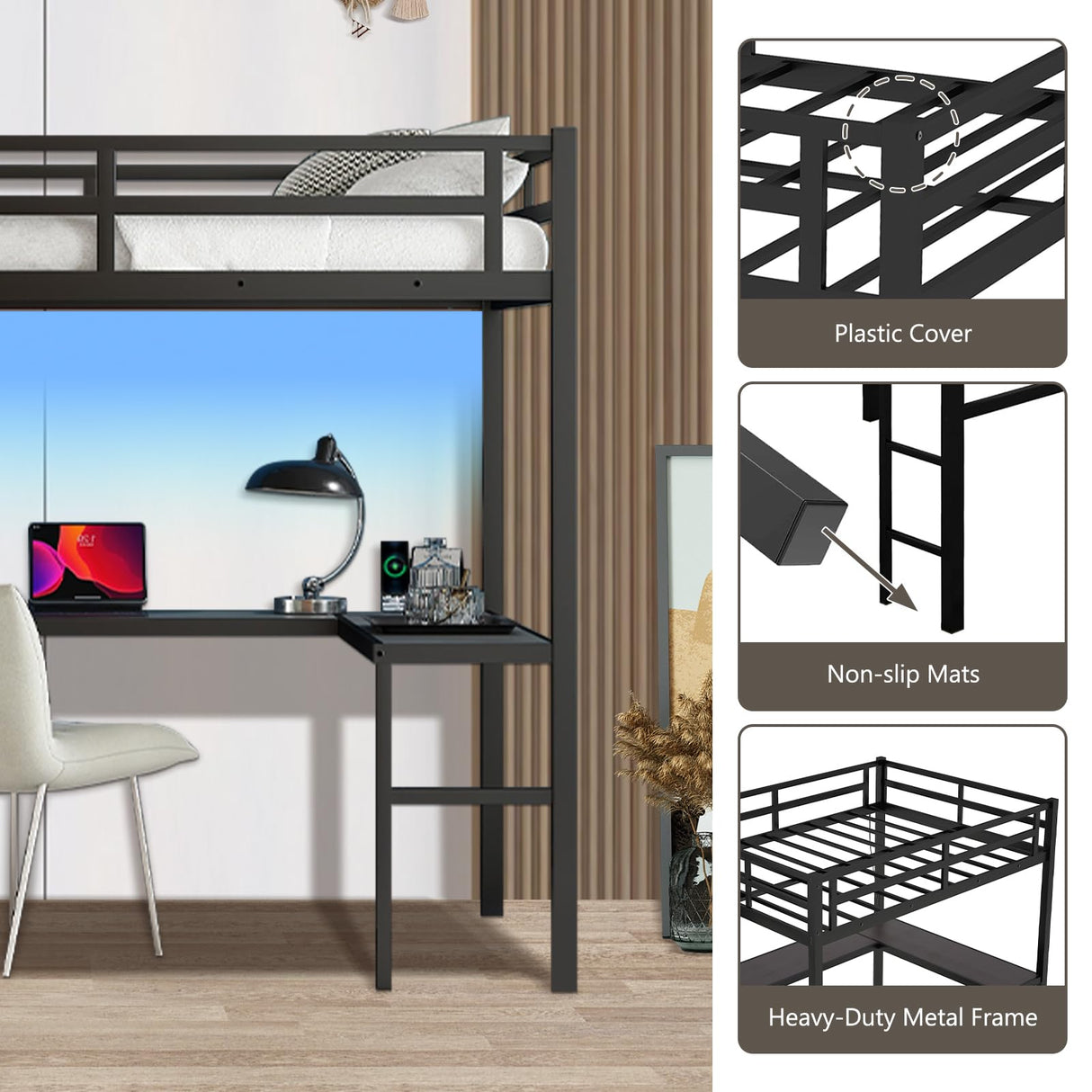 MAKIAAP Full Size Loft Bed with Desk and Wardrobe, Metal Heavy Duty Loft Bed Frames with Storage Stairs, LED Lights, Charging Station for Adults, Junior, Teens, Space Saving, Black (Full) MAKIAAP