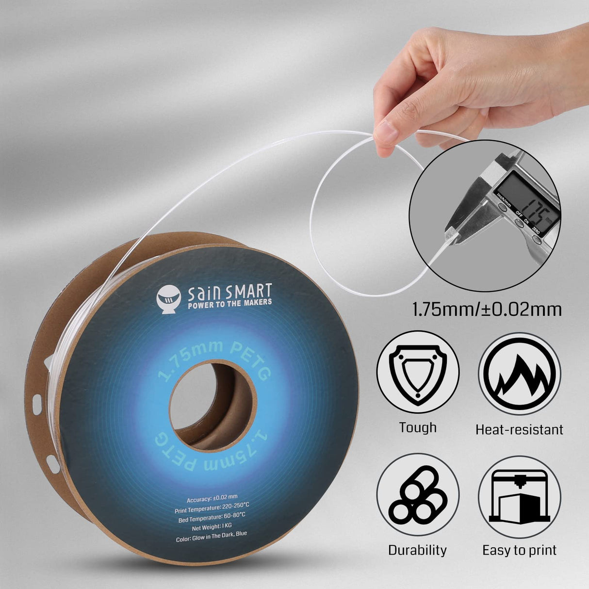 SainSmart Grow in The Dark Blue PETG Filament, 1.75mm PRO-3 PETG 3D Printer Filament, Glow Blue, 2.2 LBS (1KG) Spool, Dimensional Accuracy +/- 0.02mm SainSmart