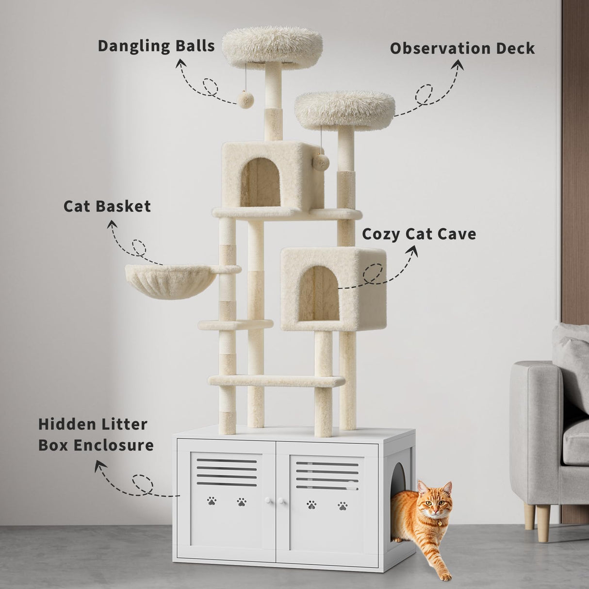 75.6-Inch Tall Cat Tree with Litter Box Enclosure 2-in-1 Modern Large Cat Tower for Indoor Cats with Double Condos/Scratching Posts/Hammock/Plush Perches, Cats Hidden Litter Box Furniture, White Sunvasagoo