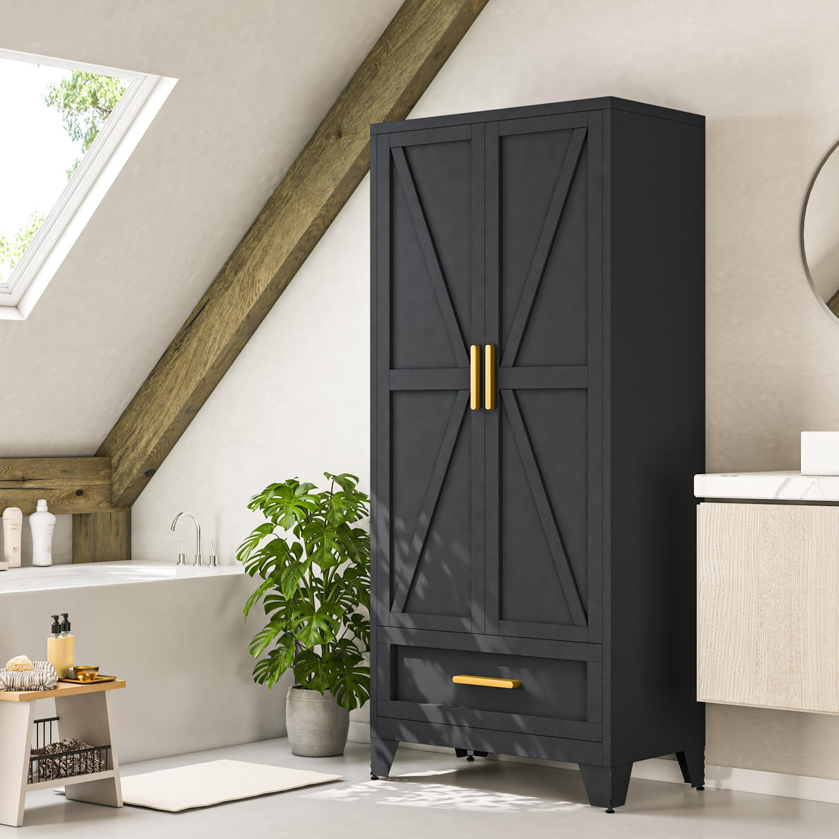 Baborokic Metal Wardrobe Cabinet,71 Armoire Wardrobe Closet with Drawers and Hanging Rod,Metal Armoire with Adjustable Shelves for Closet,Bedroom,Farmhouse Storage Cabinet with Drawer(Black) Baborokic