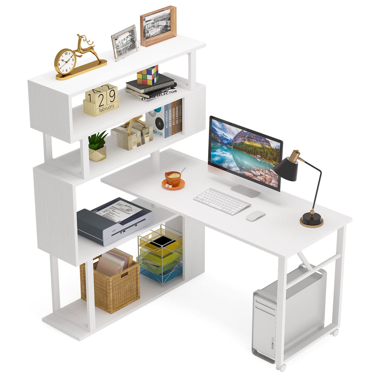 Tribesigns Rotating Computer Desk with 5 Shelves Bookshelf, Modern L-Shaped Corner Desk with Storage, Reversible Office Desk Study Table Writing Desk on Wheels for Home Office (White) Tribesigns