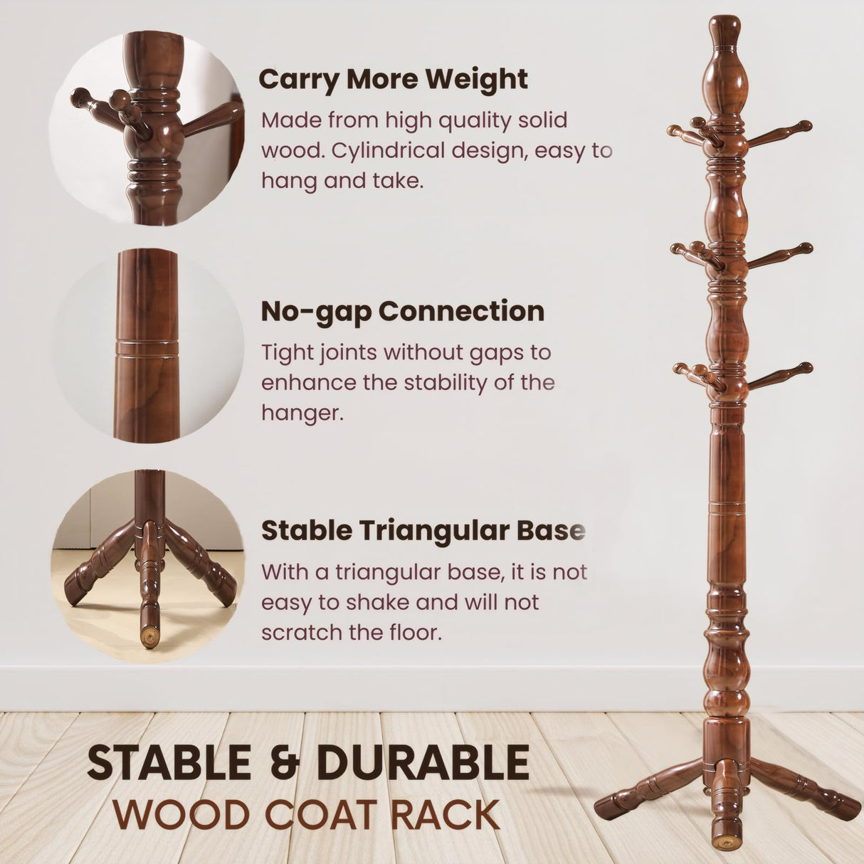 SUOHUI Coat Rack, Natural Wood Coat Racks with 3 Height Options and 9 Hooks,Coat Tree Ease of Assembly,Freestanding Hall Tree for Home/Office/Entryway/Hallway (Walnut) SUOHUI