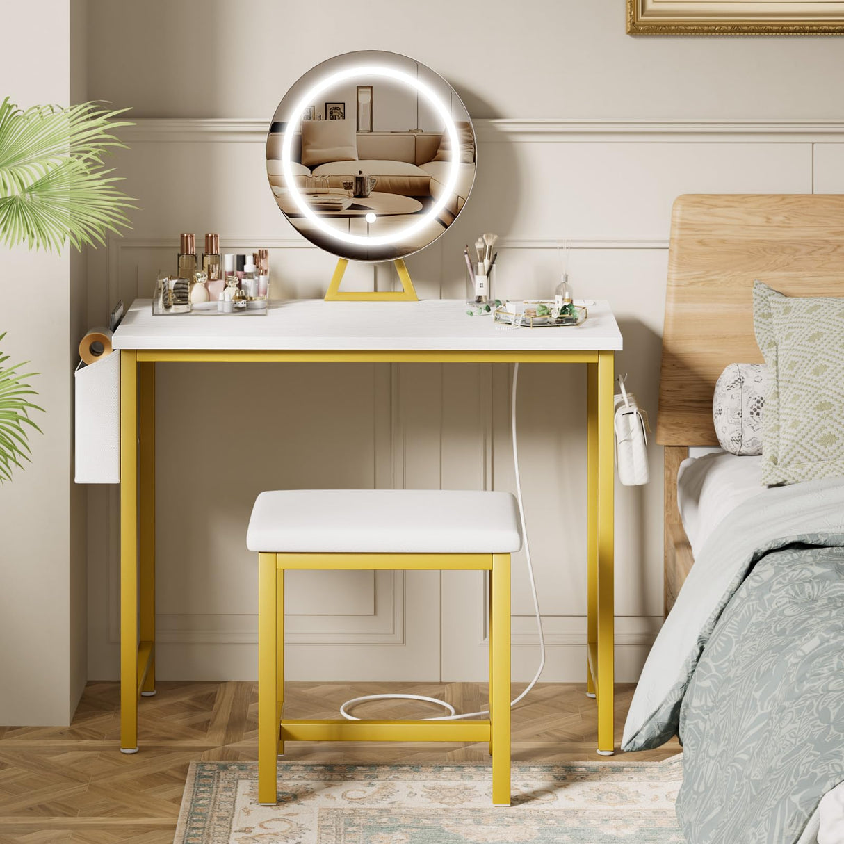KAI-ROAD Makeup Vanity Desk with Mirror and Lights - Small White Gold Vanity Table with Chair, Power Outlet, Modern Make Up Vanitys Desks Set, Dressing Table for Girls Bedroom KAI-ROAD
