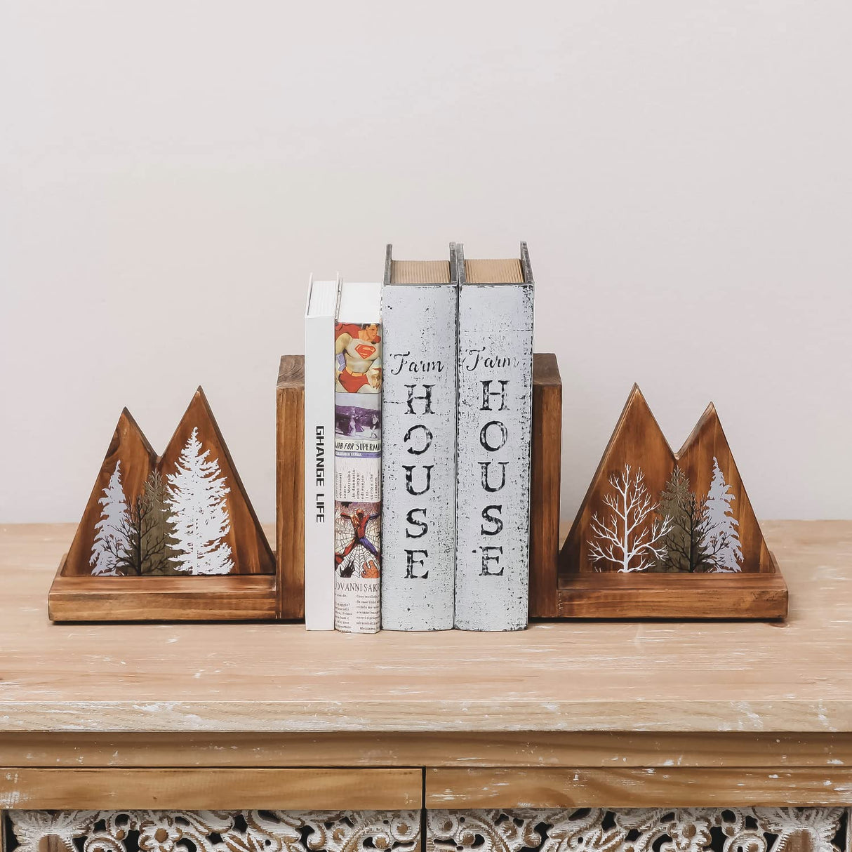 NIKKY HOME Heavy Duty Non Slip Rustic Woodland Mountain Wood Bookend Forest Book Ends Book Stoppers for Cabin Decor Home and Office Shelves Children NIKKY HOME