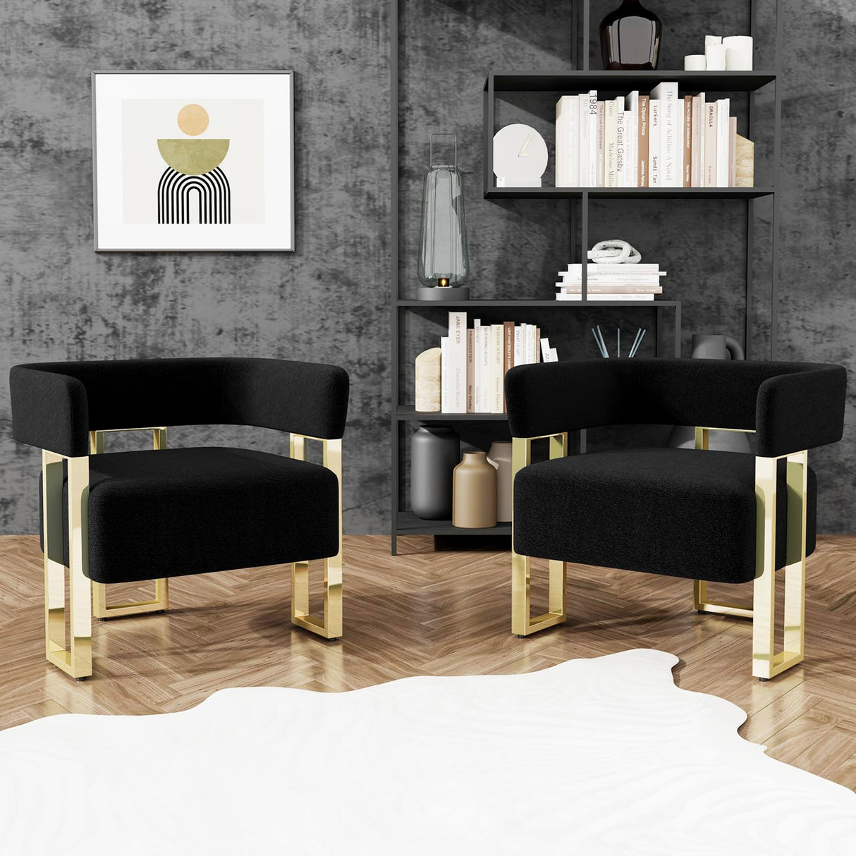 STHOUYN Modern Black and Gold Accent Chair Set of 2, Boucle Bucket Chairs Set of 2, Arm Chairs for Living Room Bedroom (2, Black) STHOUYN