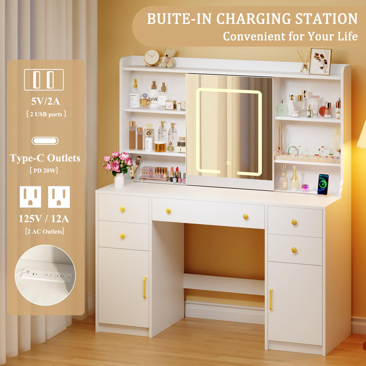 HUAHUU Vanity Desk with LED Lights & Sliding Mirror, Makeup Vanity with Lights, Power Outlet, White Vanity Desk with 5 Drawers & 2 Cabinets, 6 Storage Shelves for Bedroom HUAHUU