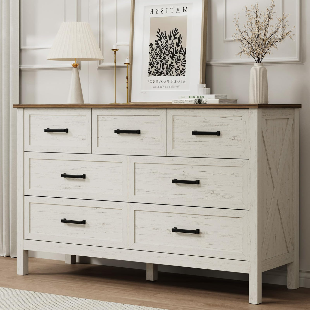 LYNSOM Farmhouse 7 Drawers Dresser for Bedroom, Wood Rustic Wide Chest of Drawers with Deep Drawers, Metal Handle, Storage Dressers Organizer for Entryway, Hallway, Antique White LYNSOM