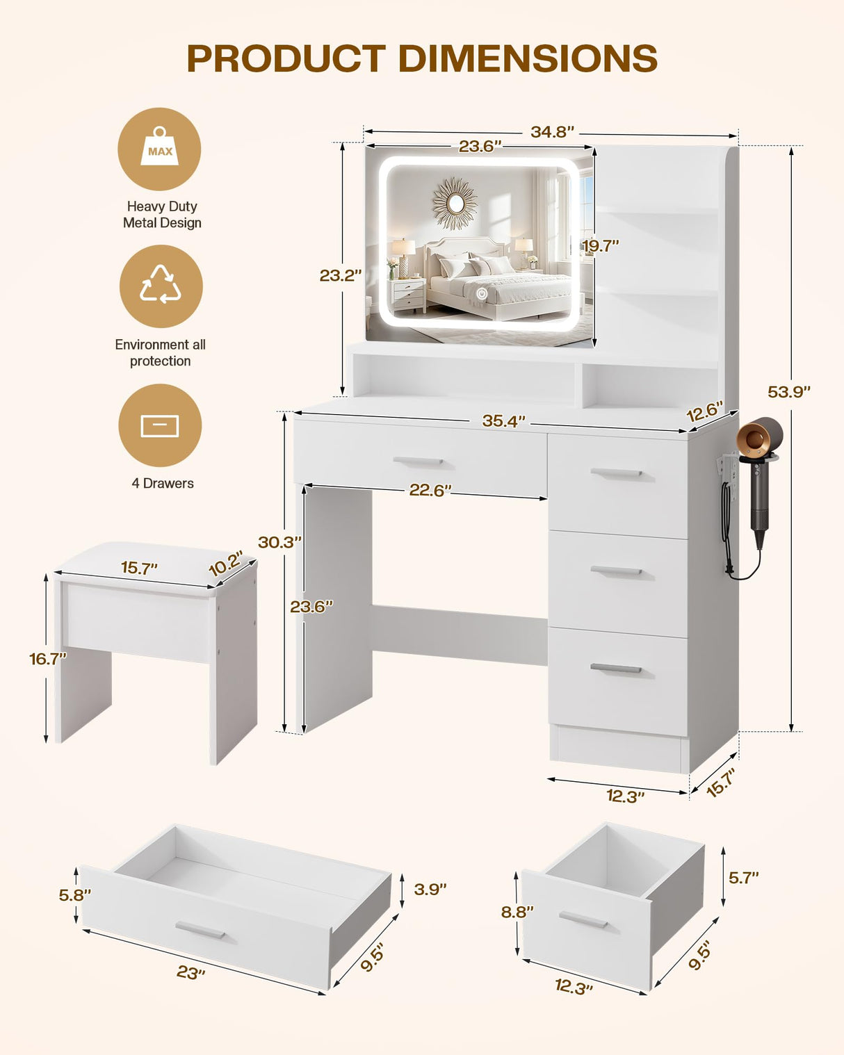 LIVELYGLOW Makeup Vanity Desk Set, 35.4“Wx15.7”Dx53.9“H, White (Smart LED Mirror, with Cushion Stool, Hairdryer Rack, Power-Outlet, 4 Drawers, Open Shelves) LIVELYGLOW