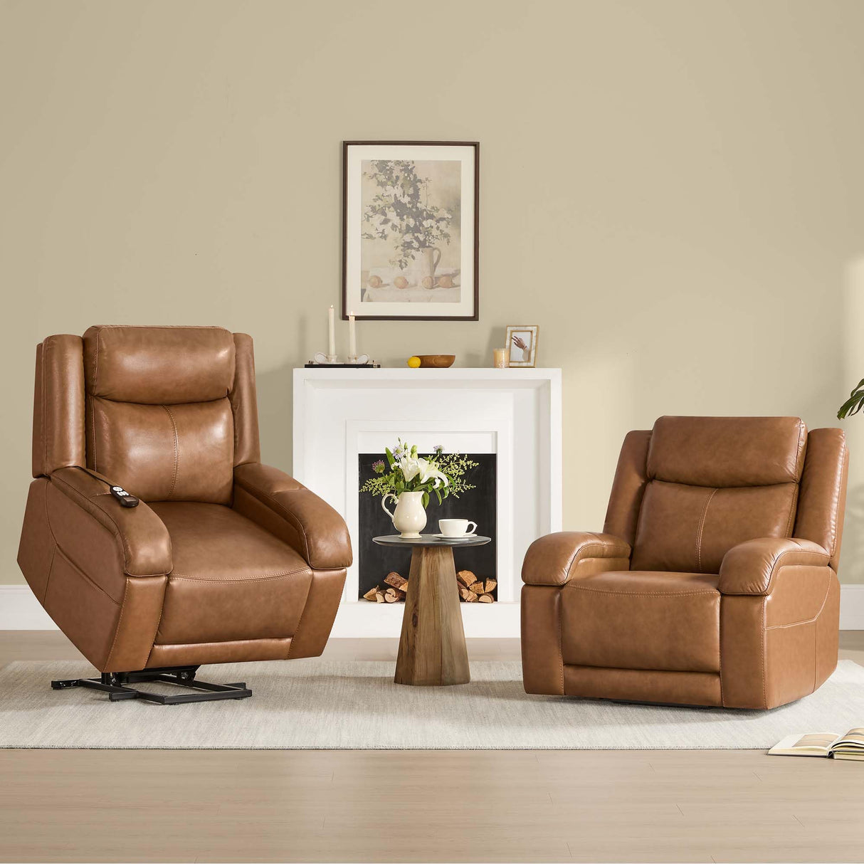 Watson & Whitely Genuine Leather Power Lift Recliner Chair for Elderly with Heat and Massage, Electric Lay Flat Lift Chairs with Power Headrest & Visual Remote Control, Dual Motor, Saddle Brown Watson & Whitely