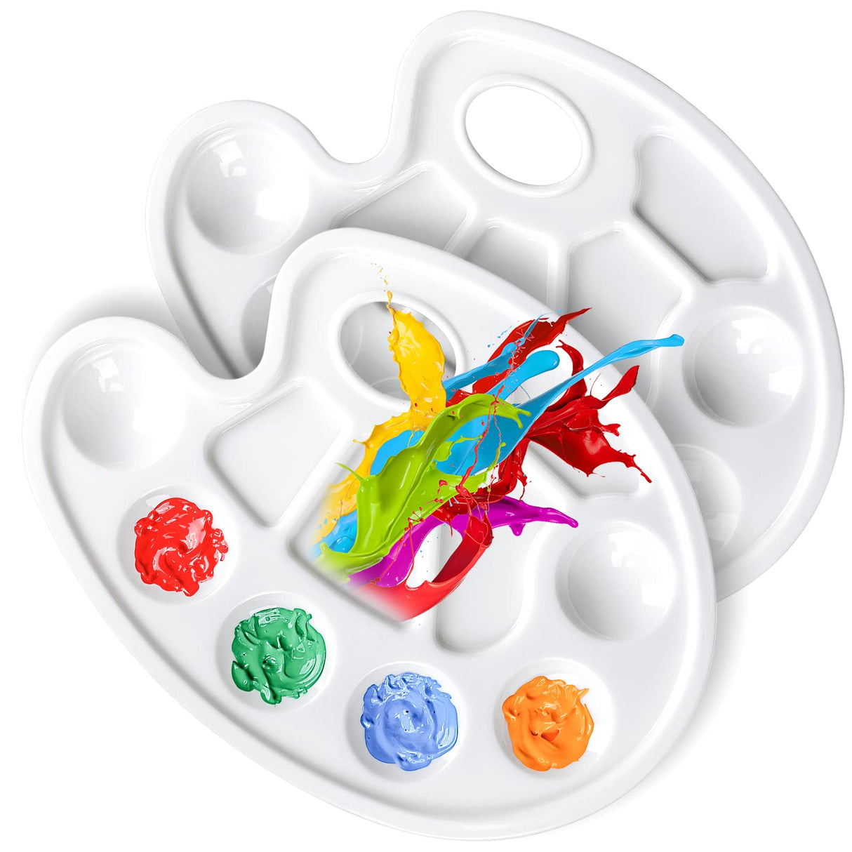 FANDAMEI Oval Paint Palette Tray, Plastic Paint Tray Palette, Painting Palette, Paint Tray Palettes Paint Pallets with Thumb Hole for Adults & Kids, for Painting or DIY Craft Class, White, 2 PCS Fandamei