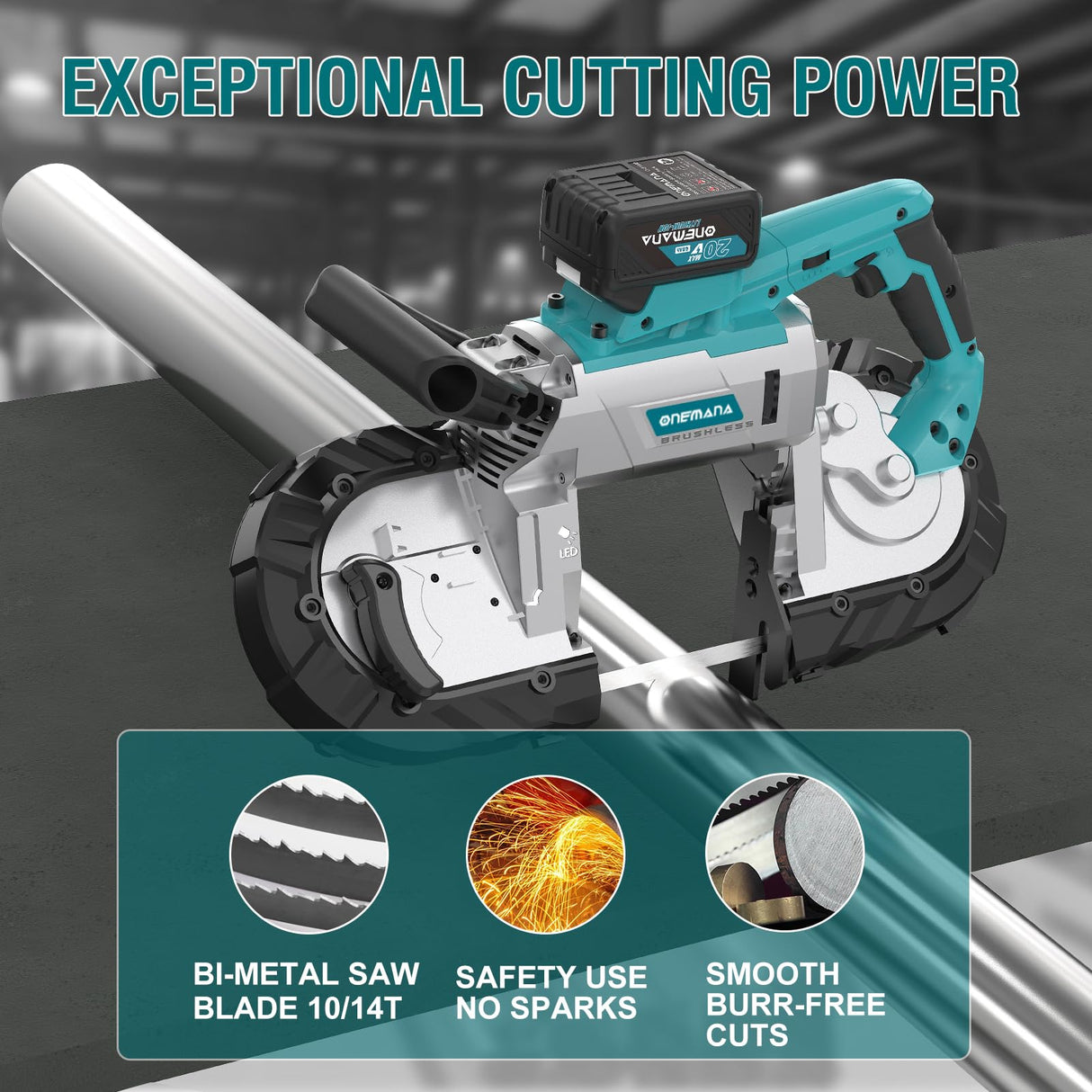 ONEMANA 5 inch Cordless Band Saw,20V MAX Cutting Capacity Brushless Metal Band Saw,Not Hot Sparks, Portable Band Saw for Deep Cut with 6 Speeds Adjustable(Tool Only) ONEMANA