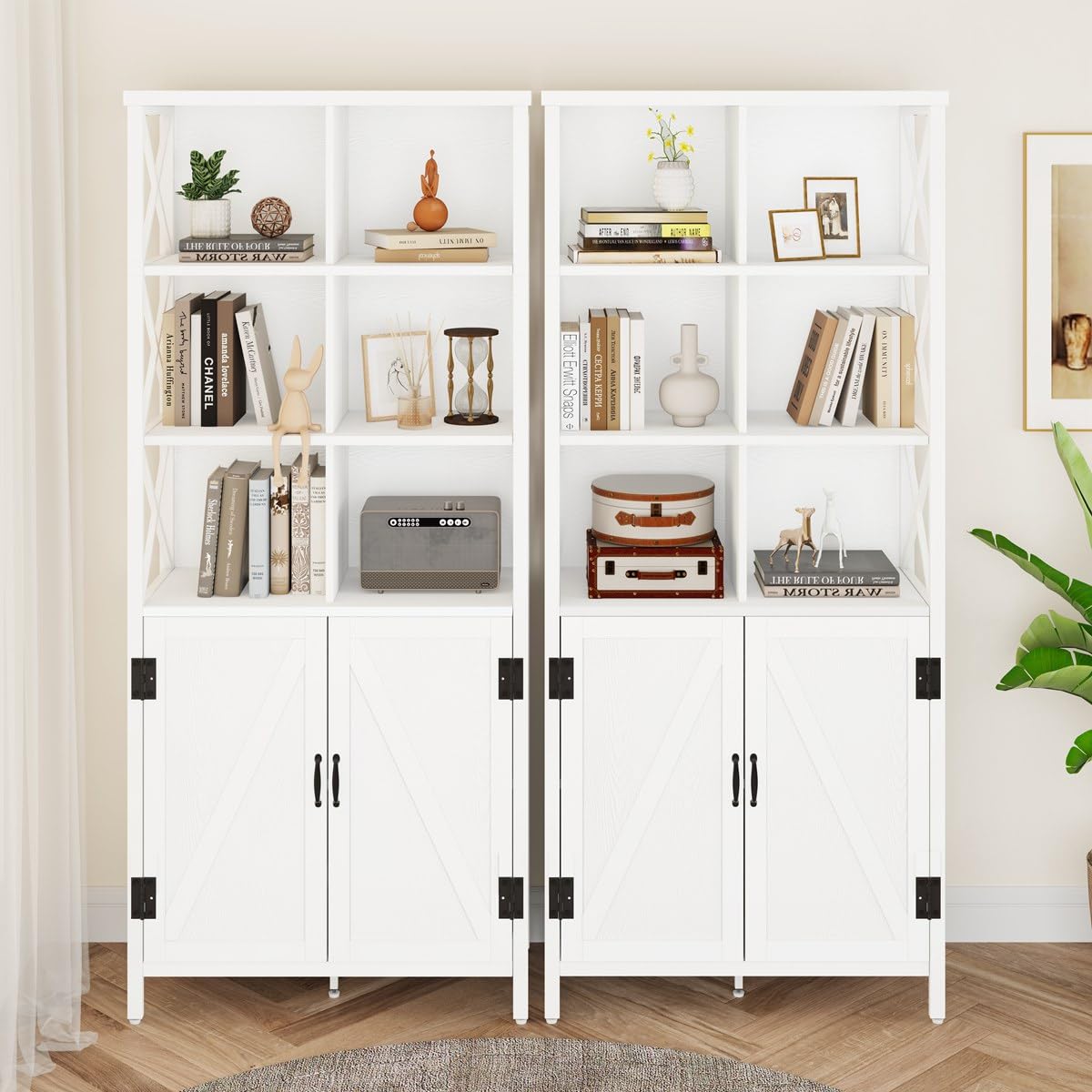 FATORRI Tall Bookcase with Doors - Modern White Oak Metal Shelf & Cabinet Storage FATORRI