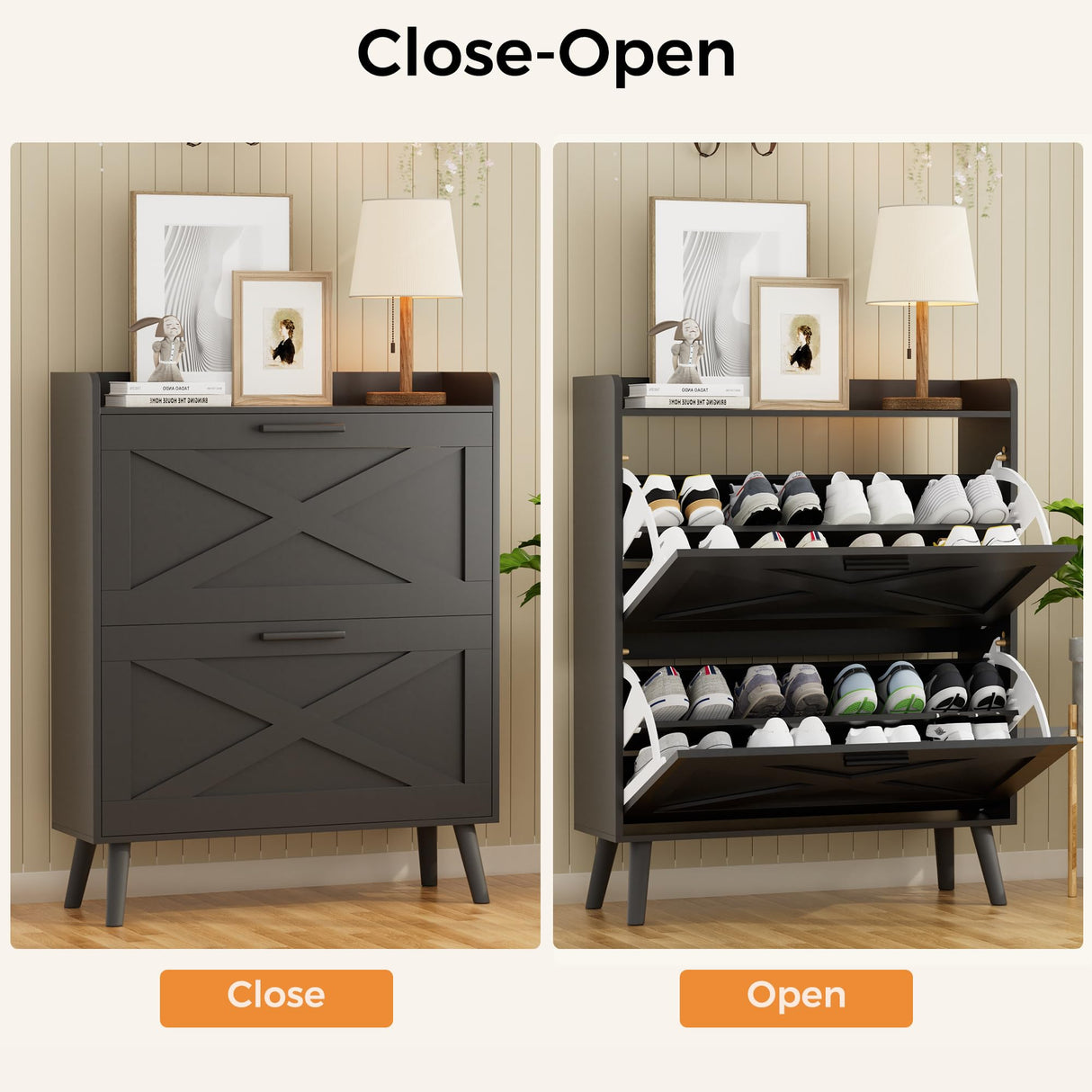 Homleke 32" W Farmhouse Shoe Storage Cabinet with 2 Flip Drawers and Barn Door Design, Adjustable Shelves, Modern Hidden Slim Narrow Shoe Rack Cabinet for Entryway, Foyer, Hallway, Living Room, Black Homleke