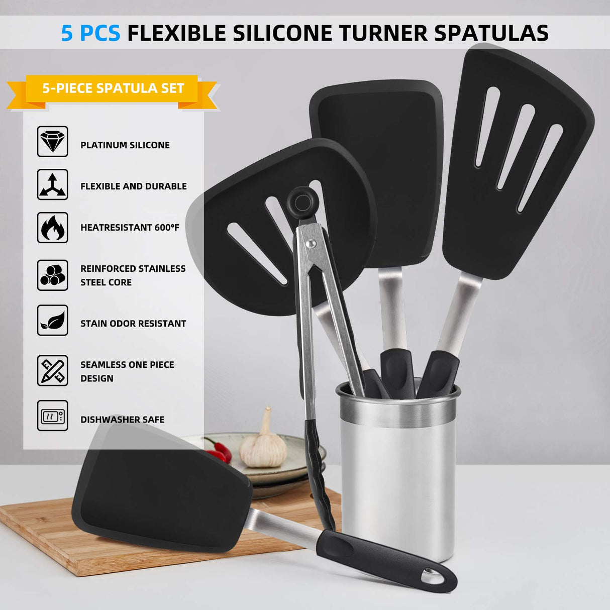 Silicone Flexible Turner Spatula Set, 5-Piece Heat Resistant Flexible Rubber Spatulas,Silicone Cooking Utensil Set,Non Stick Rubber Kitchen Utensils for Cooking Fish, Steak,Eggs, Pancakes CGSGDK