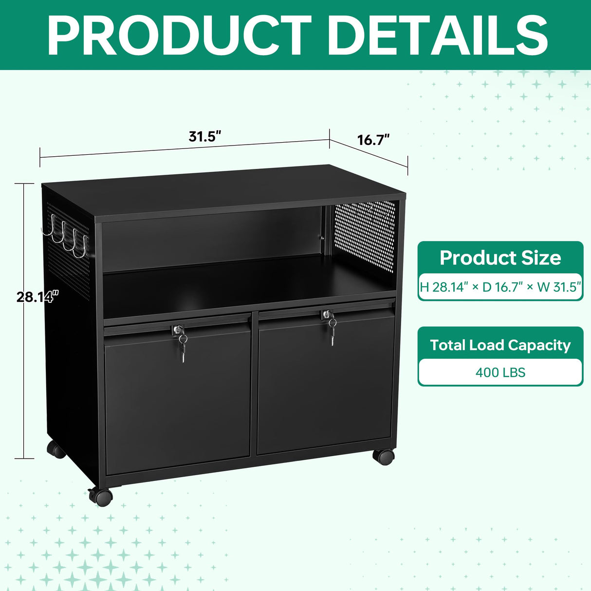 Letaya Mobile 2 Drawer File Cabinet with Lock, Metal Lateral Printer Stand Filing Storage Cabinets with Shelves for Home Office-A4/F4/Letter (Black) Letaya